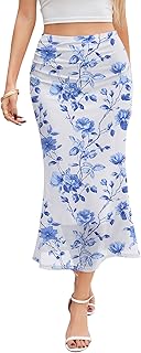 Women's Floral Mesh Midi Skirt Boho Y2k High Waisted Skirts for Spring Summer Fall Trendy