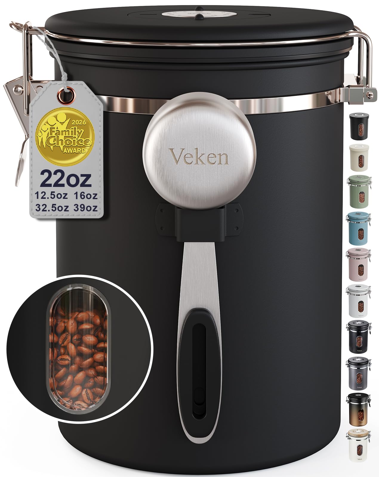Veken Coffee Canister with Window, Airtight Stainless Steel Container, 22OZ | Ki