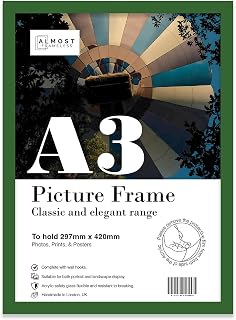 Almost Frameless A3 Green Picture Frame, Fits A3 (29.7 x 42cm - 11.7 x 16.5in) Poster, Photo, or Print. Portrait and Horizontal Wall Hooks