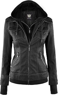 Lock and Love Women's Faux Leather Moto Biker Jacket Coat with Removable or Non-Removable Hood