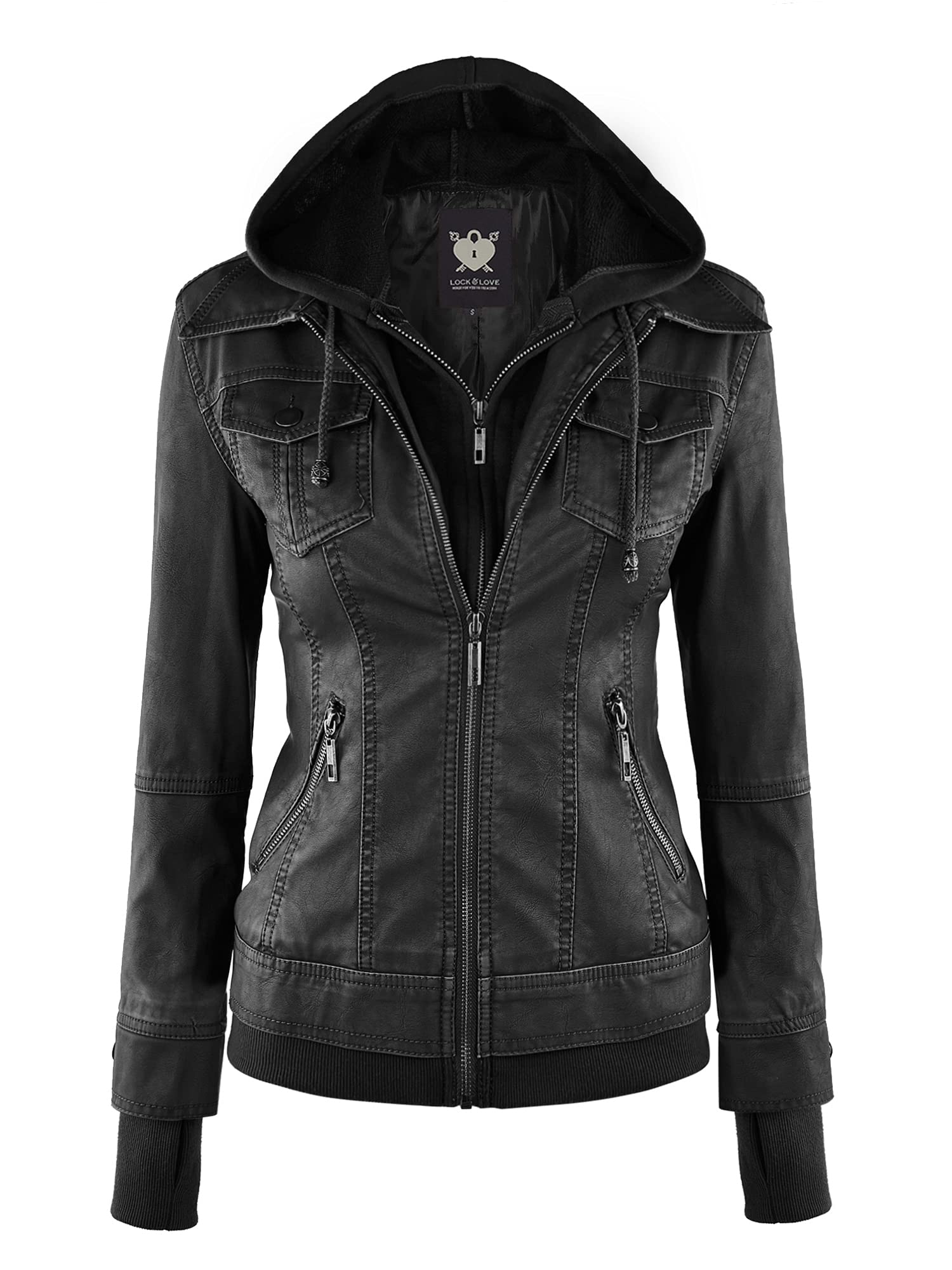 Lock and Love Women's Faux Leather Moto Biker Jacket Coat with Removable or Non-