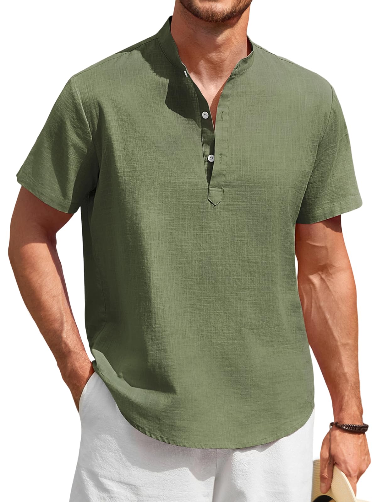 Enlision Men's Linen Shirt Short Sleeve Summer Casual Shirts for Men Mao Collar 