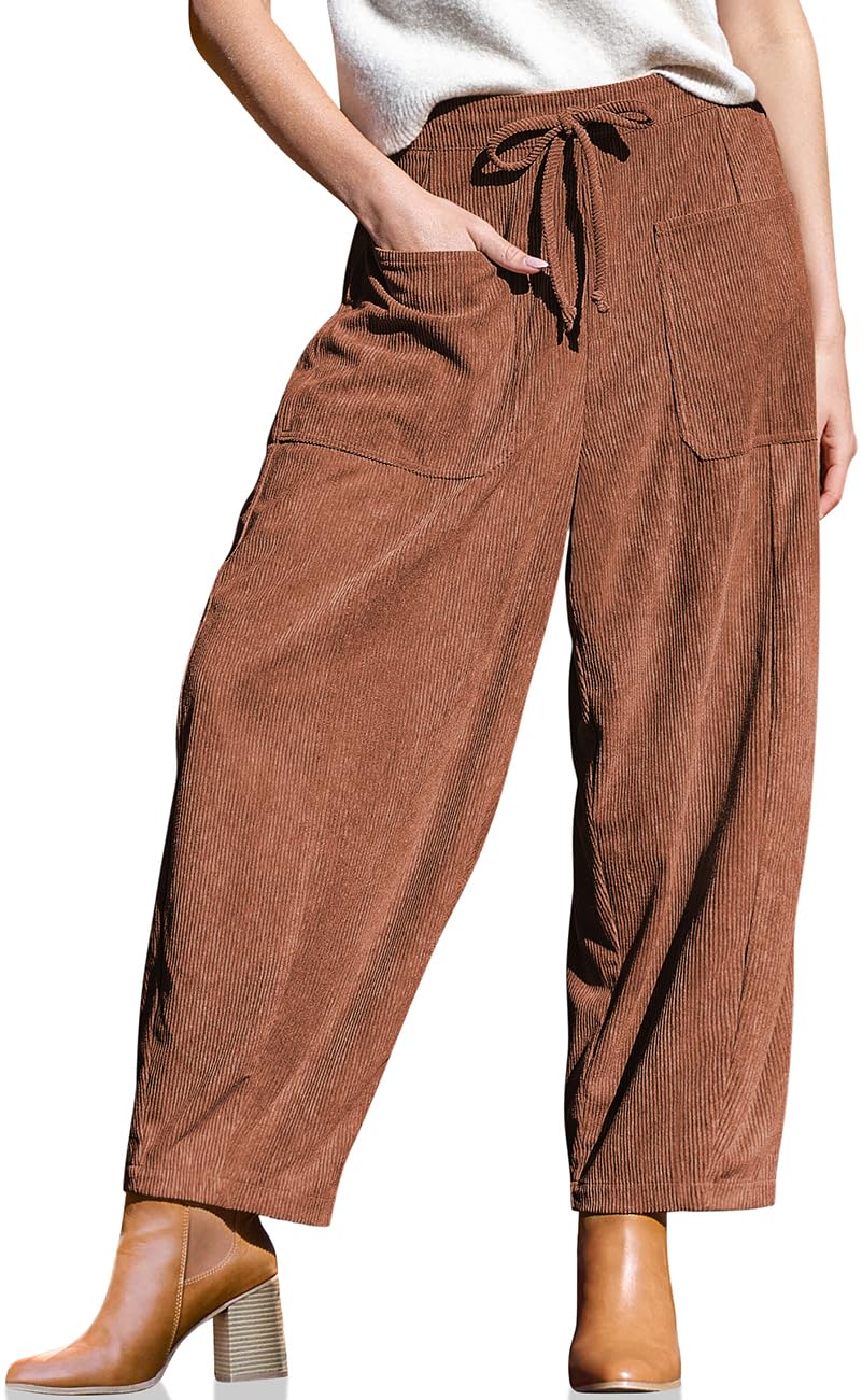 TARSE Women's Corduroy Barrel Pants High Waist Drawstring Wide Leg Pants