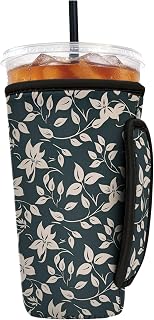 Reusable Insulated Neoprene Iced Coffee Sleeve with Handle, Coffee Cup Holder for Hot & Cold Drinks, Universal Fit 16–32oz Cups, Bottles & Tumblers - Noir Vine L