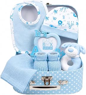 Baby Box Shop Newborn Baby Boy Gift Set Premium Gift-Ready Hamper with Rattle, Photo Frame, Muslin Cloth & Newborn Essentials in a Blue Keepsake Box - Ideal as Baby Shower Gifts for New Born Boys