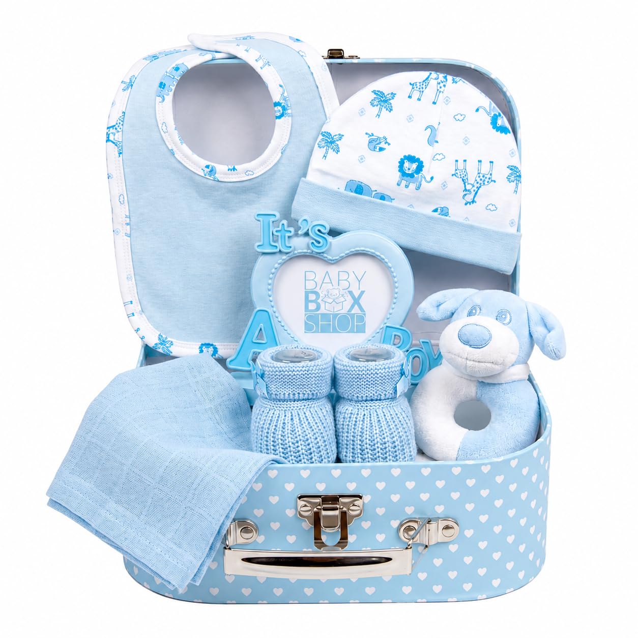 Baby Box Shop Newborn Baby Boy Gift Set Premium Gift-Ready Hamper with Rattle, P