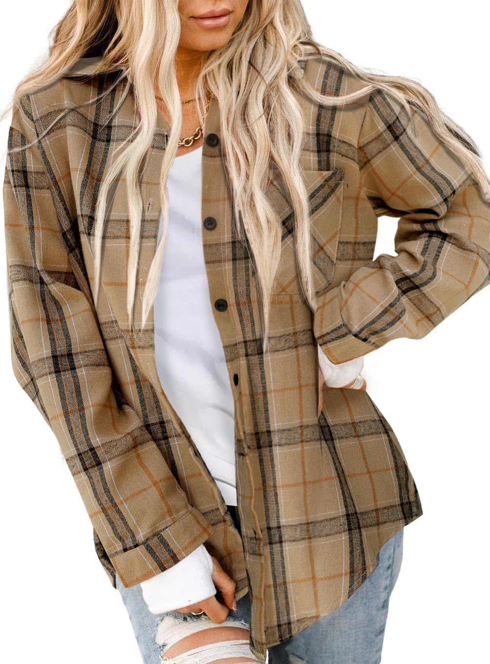 Asiertiy Women's Buffalo Check Flannel Shirt Long Sleeve Button Down Collar Ligh