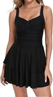 Halcurt Women One Piece Swimsuit Ruffles Tummy Control Ruffle Swimsuit Low Rise Skirt