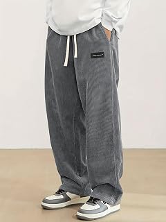 Men's Corduroy Straight Leg Sweatpants Fashion Loose Fit Wide Leg Pants Elastic Waist Drawstring