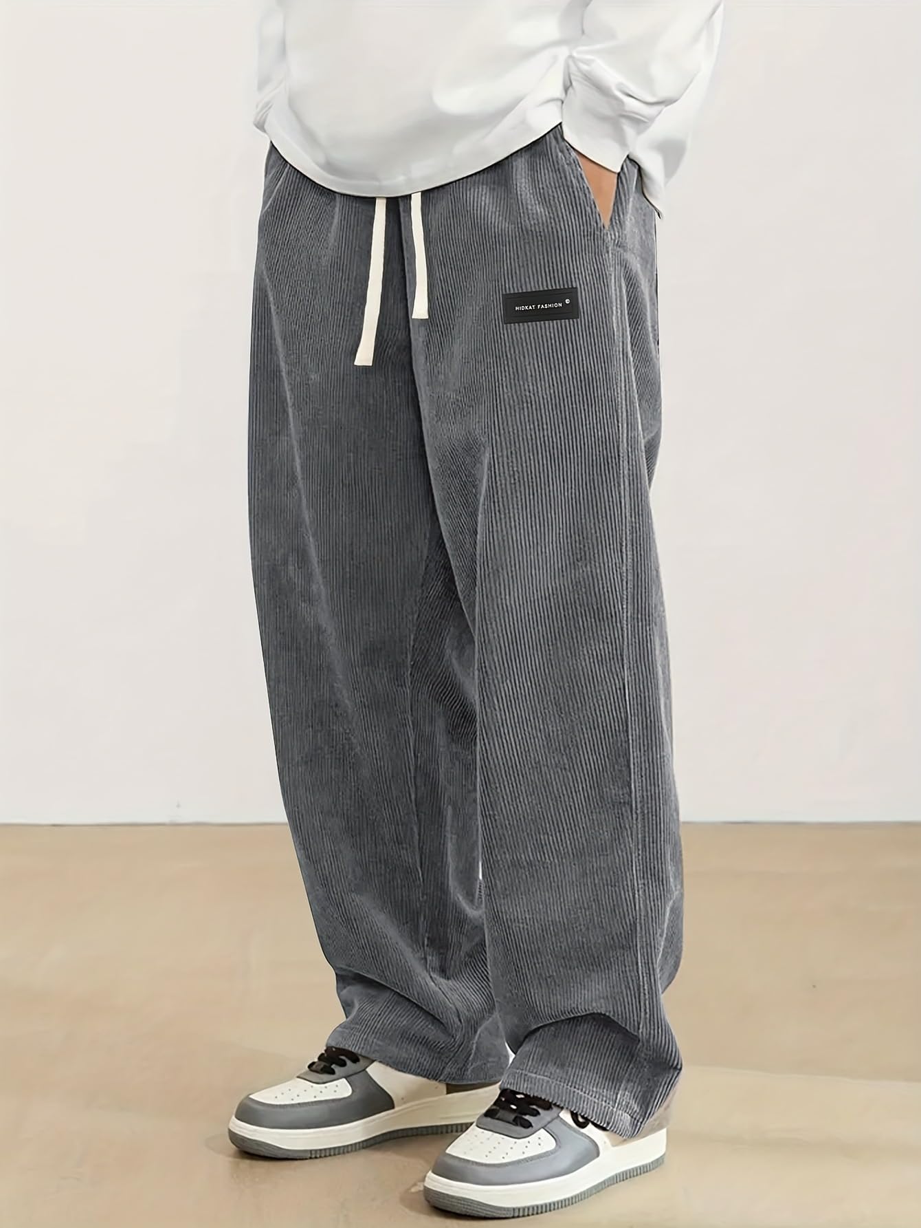Men's Corduroy Straight Leg Sweatpants Fashion Loose Fit Wide Leg Pants Elastic 