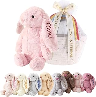 Custom Easter Bunny Plush for Babies with Embroidered Name, Handmade Personalized Plush Rabbit Bunny Stuffed Animal for Girl Boy Baby Gift(11.8inches- 1 Ear Embroidery)