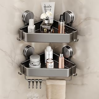 Mustorn Corner Shower Caddy Suction Cup, Shower Shelf No Drilling Bathroom Corner Shelves Suction Shower Caddy Organiser Rack Adhesive with Towel Bar & Removable Hooks Wall Mounted(2 Pack, Grey)