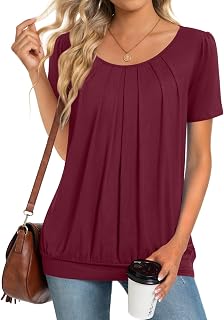 Anymeet 2026 Women's Spring Summer Tunic Tops Short Sleeve Casual Tshirt for Leggings Pleated Blouses