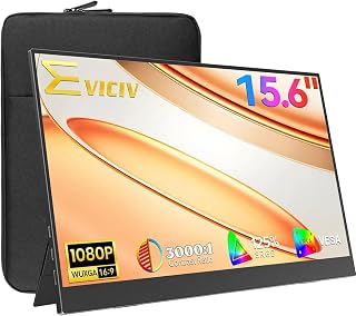 EVICIV 15.6" 1080P Portable Monitor with Case for Laptop/PC/Game Console | 125% sRGB FHD, 350Nit 3000:1 CR, IPS Eye Care Screen, VESA & Kickstand, USB-C/Mini HDMI, Travel Second Display