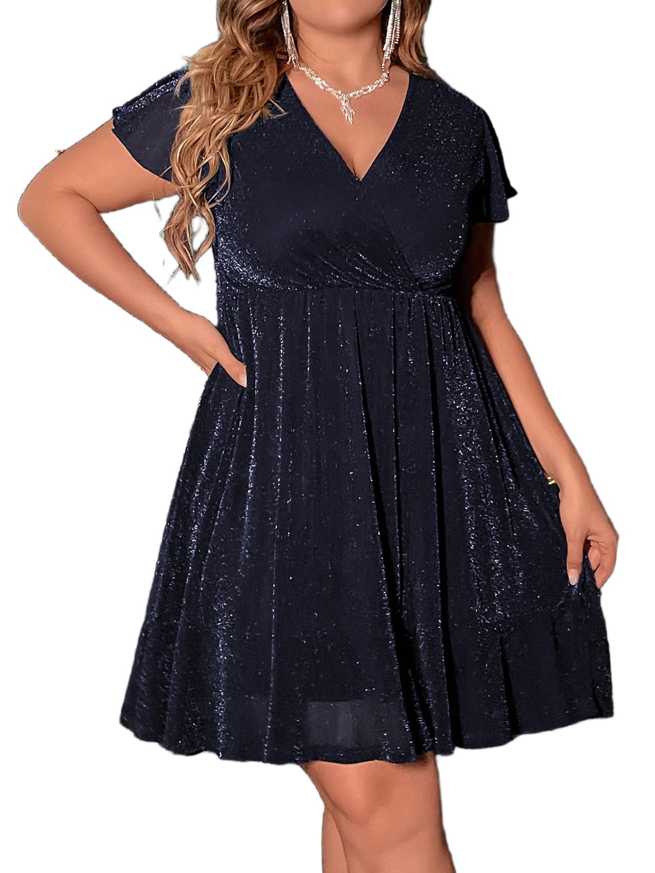 Floerns Women's Plus Size Glitter Wrap V Neck Short Sleeve Party A Line Dress