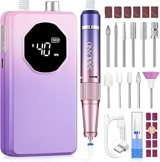 SAVILAND Nail Drill Professional 40000RPM 30S Fast Removal for Acrylic Nail | Low noise running, 4000mAh battery Long-Lasting, Complete drill bit set, Salon&mobile tech use, LCD display, Gradient Purple