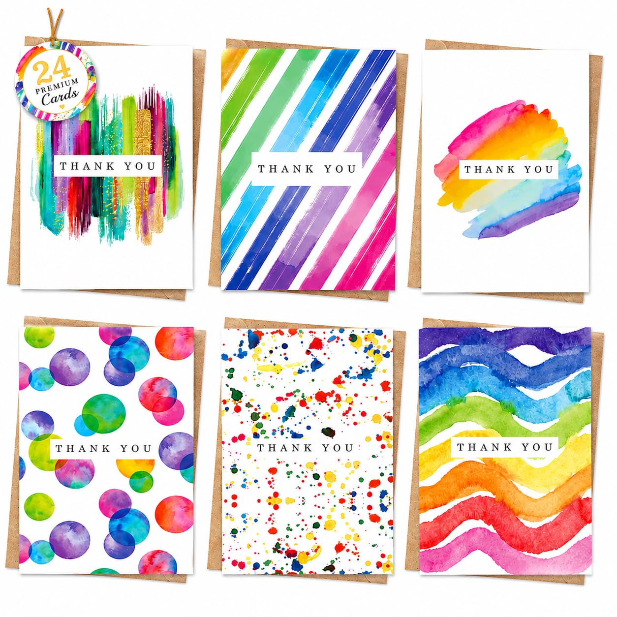 Giftinghouse Thank you Cards Multipack of 24 with Envelopes. 6 Watercolour desig