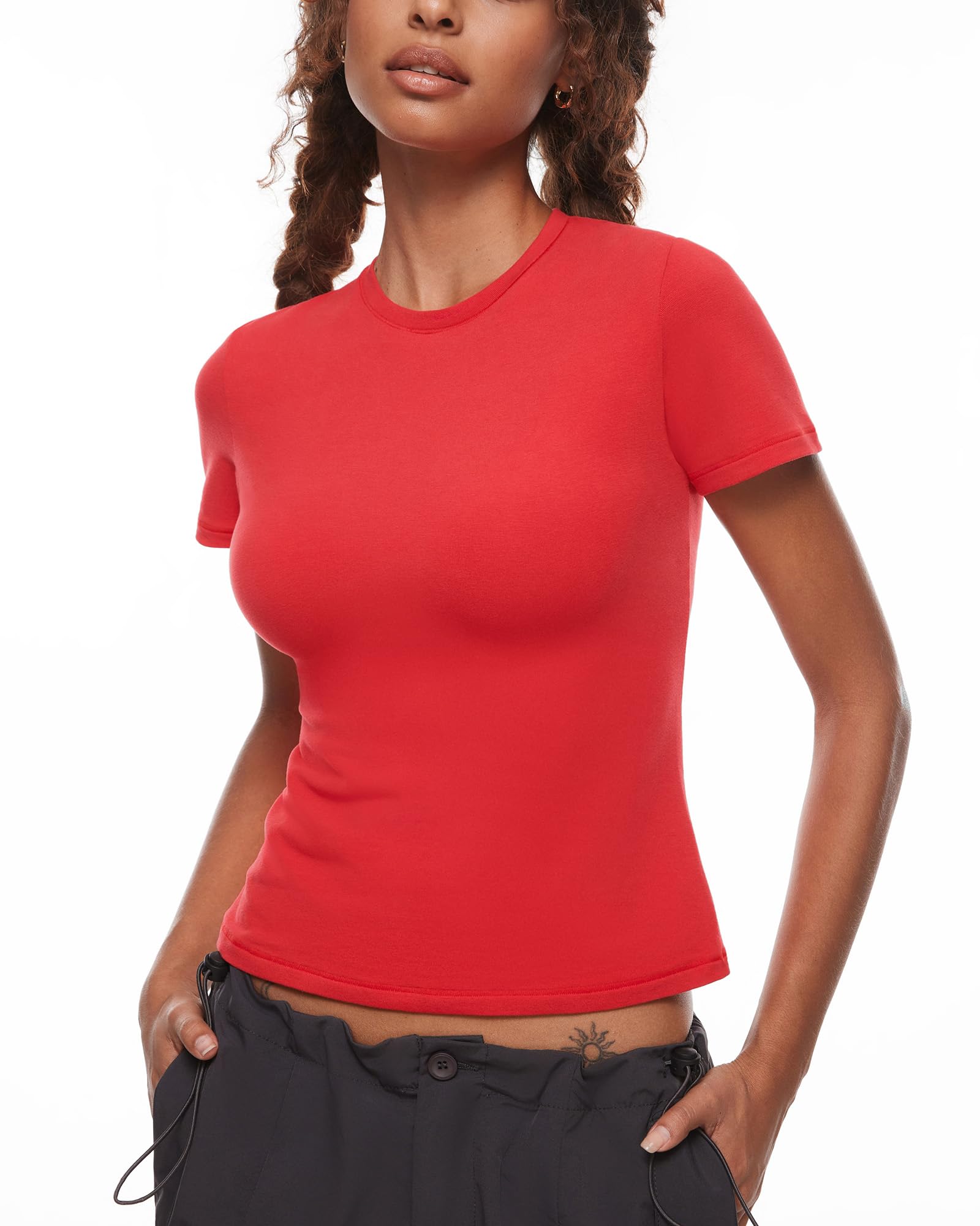INLYRIC Women's Summer Short Sleeve Tops - Cotton Trendy Cute Basic Casual Crew 