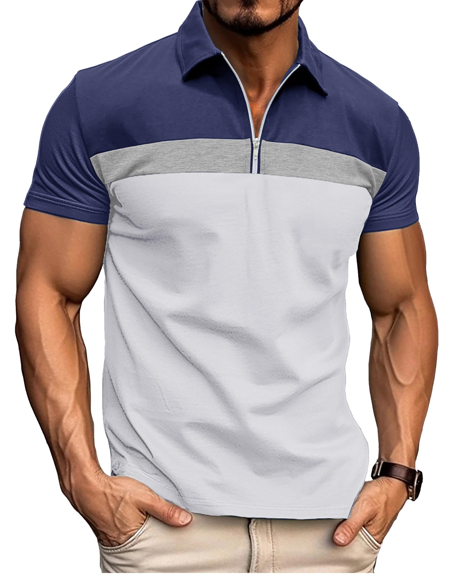 Ryehack Men's Short-Sleeved Polo Shirt with Zip and Raglan Cotton T-Shirts for S