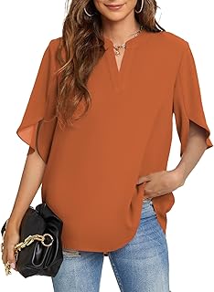 Funlingo Women's Summer Tops Short Sleeve / Long Sleeve Casual Shirts V Neck Chiffon Dressy Blouse Tops