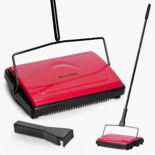 Alpine Manual Carpet Sweeper - Non Electric Triple Brush Push Floor Sweeper for Carpets, Rugs and Vinyl Floors - Red (Improved)