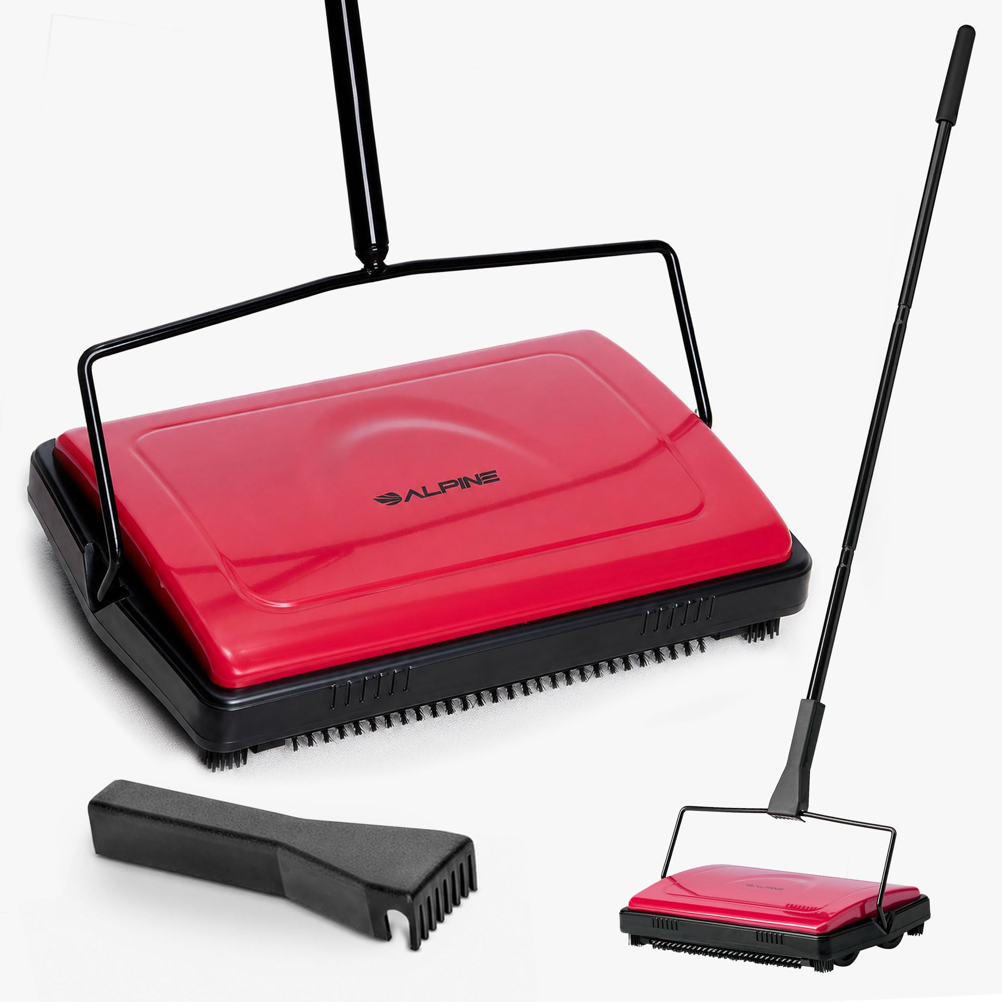 Alpine Manual Carpet Sweeper - Non Electric Triple Brush Push Floor Sweeper for 