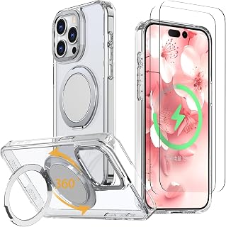 Strong Magnetic for iPhone 15 Pro Max Case with 360° Rotatable Stand [with 2 Tempered Glass Film] [Compatible with Magsafe] Military-Grade Drop Protection Case, Clear