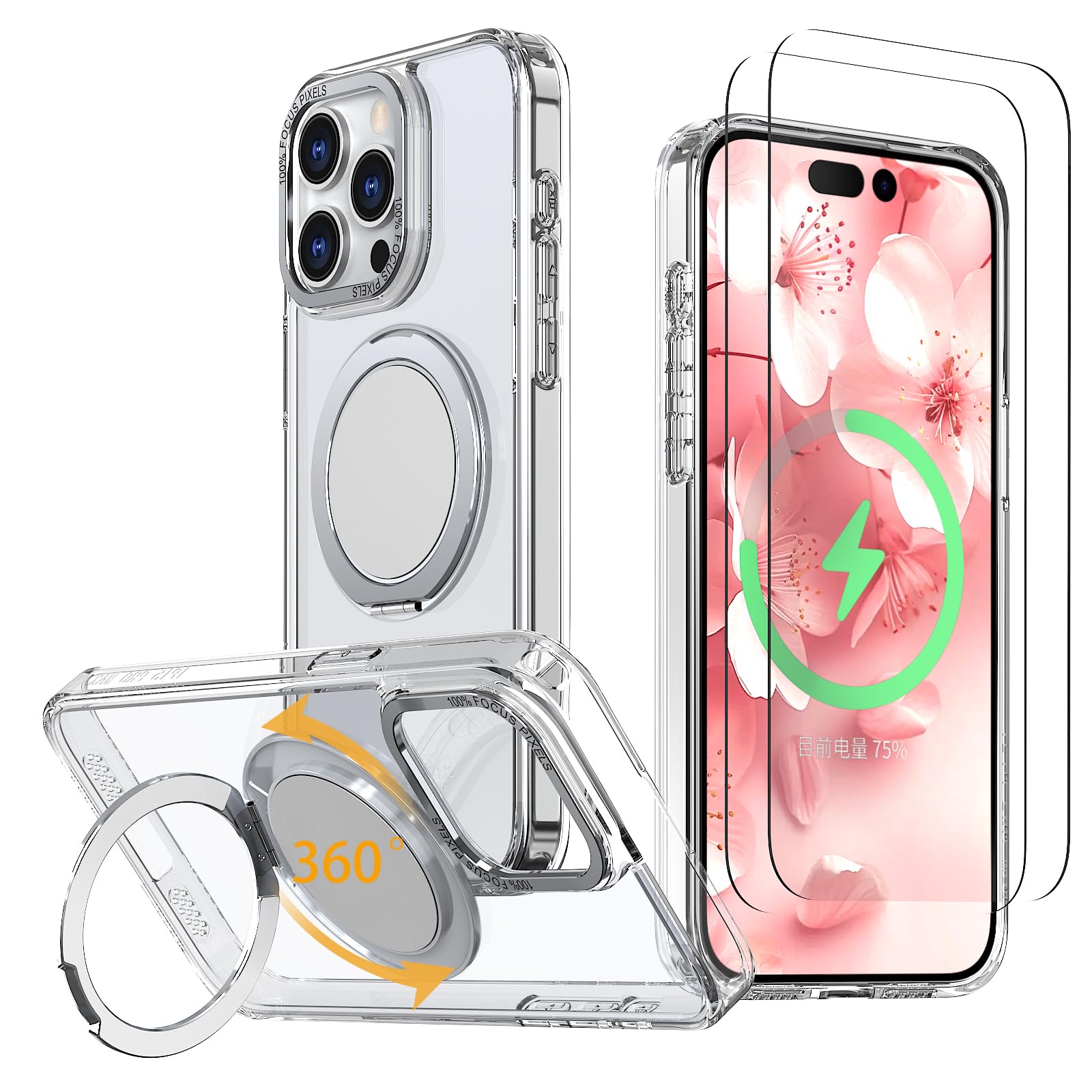 Strong Magnetic for iPhone 15 Pro Max Case with 360° Rotatable Stand [with 2 Tem