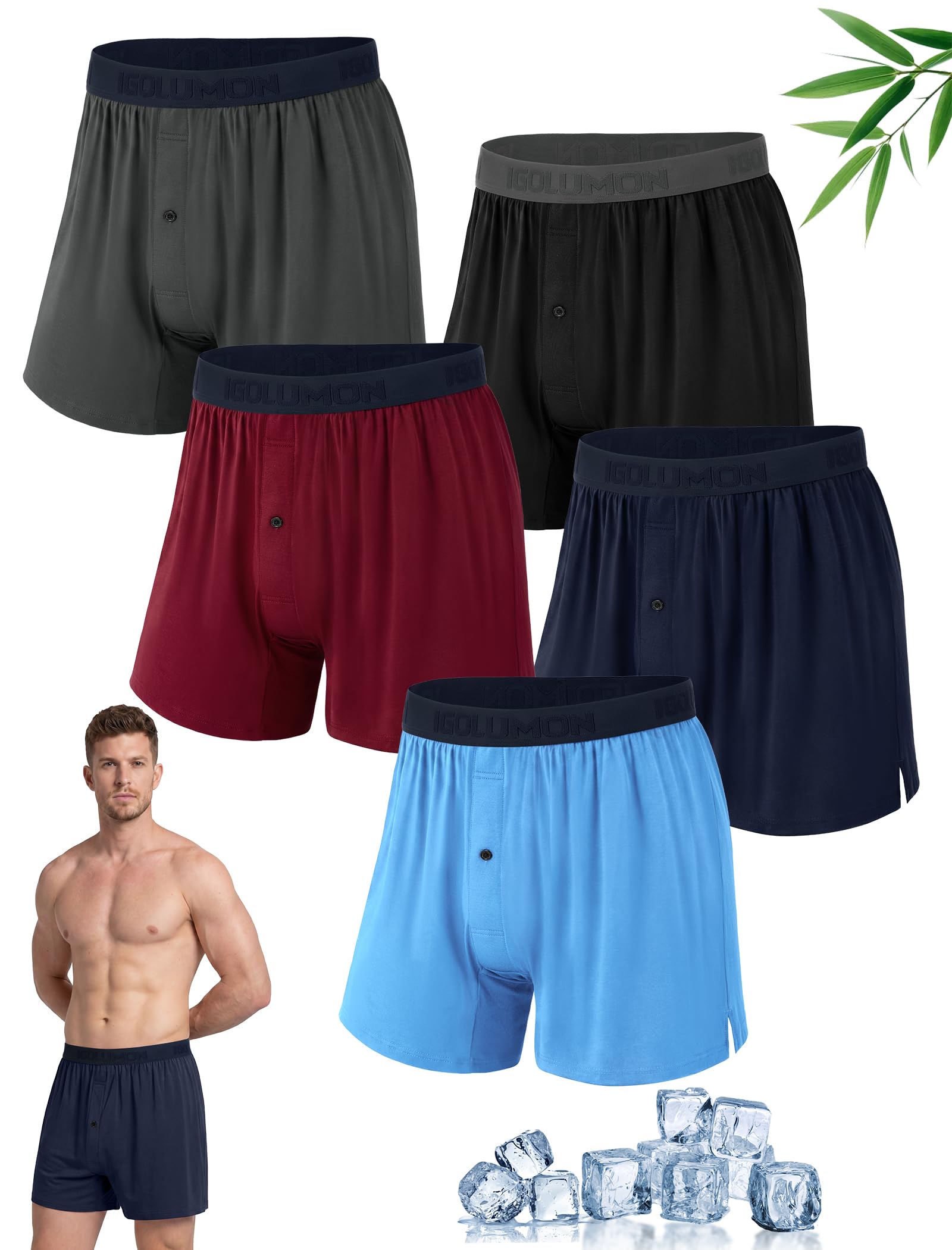 IGOLUMON Mens Bamboo Boxers Shorts Multipack 5 Pack-Ultra-Soft Breathable Loose 