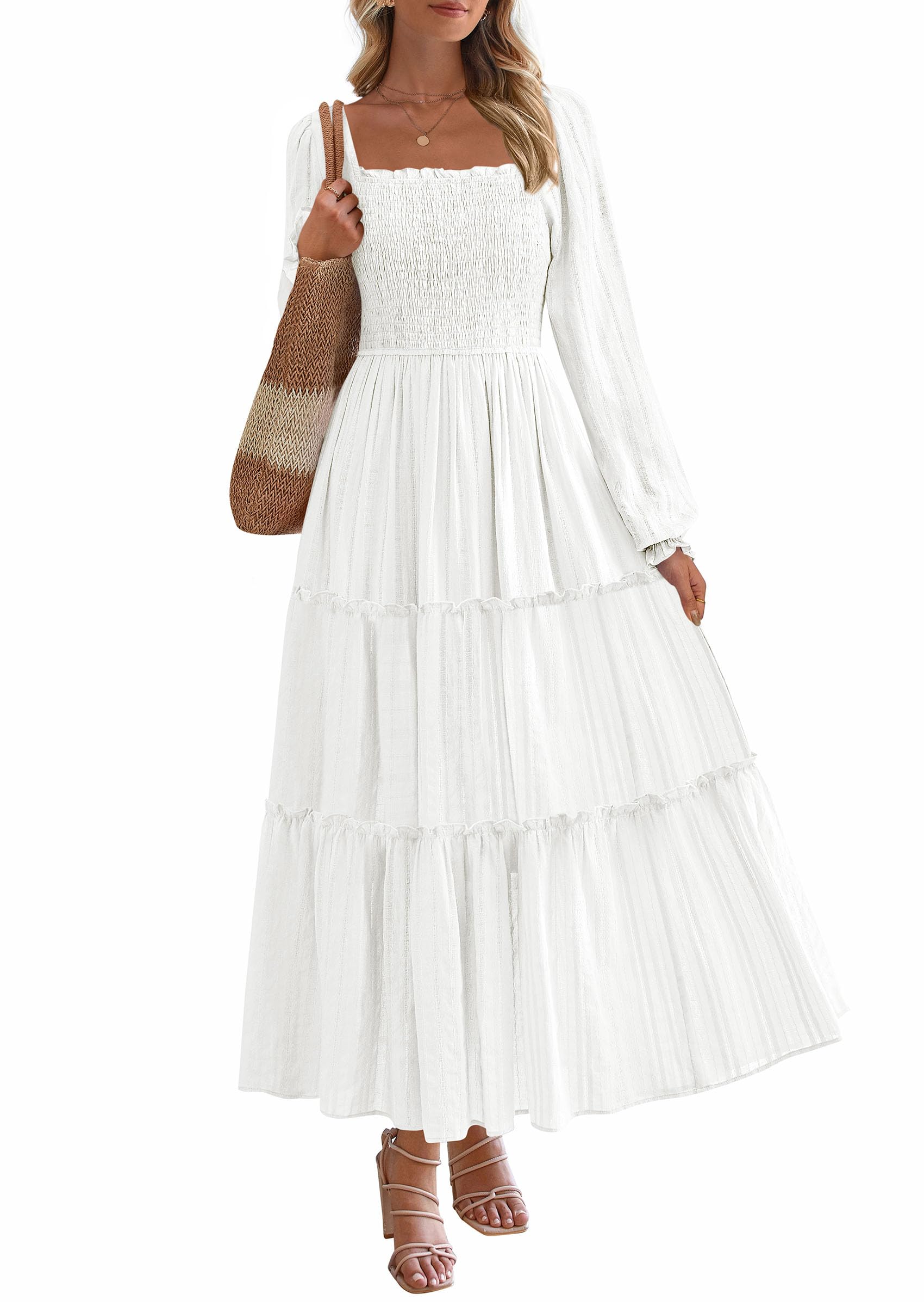 PRETTYGARDEN Maxi Dresses for Women 2026 Fall Boho Long Sleeve Smocked A Line Ru