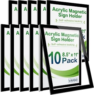 VAIIGO Acrylic Sign Holder 8.5" x 11", 10 Pack Magnetic Wall Mount Sign Holder with Tape Adhesive and Strong Magnetic Border, Acrylic Picture Display Frames for Wall, Door, Glass, Home, Store, Office