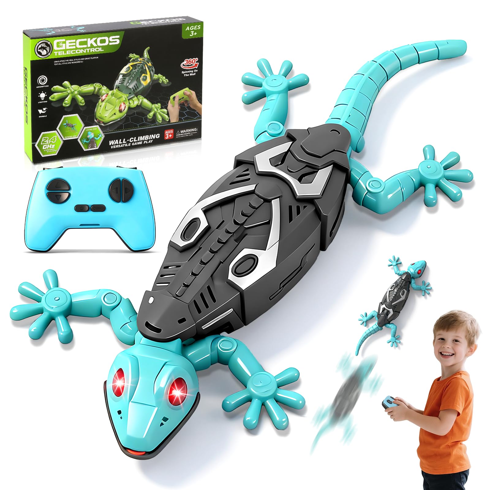 MONKROY Wall Crawler Gecko, Wall Climbing Gecko Toy with LED Eyes - 360°Rotation