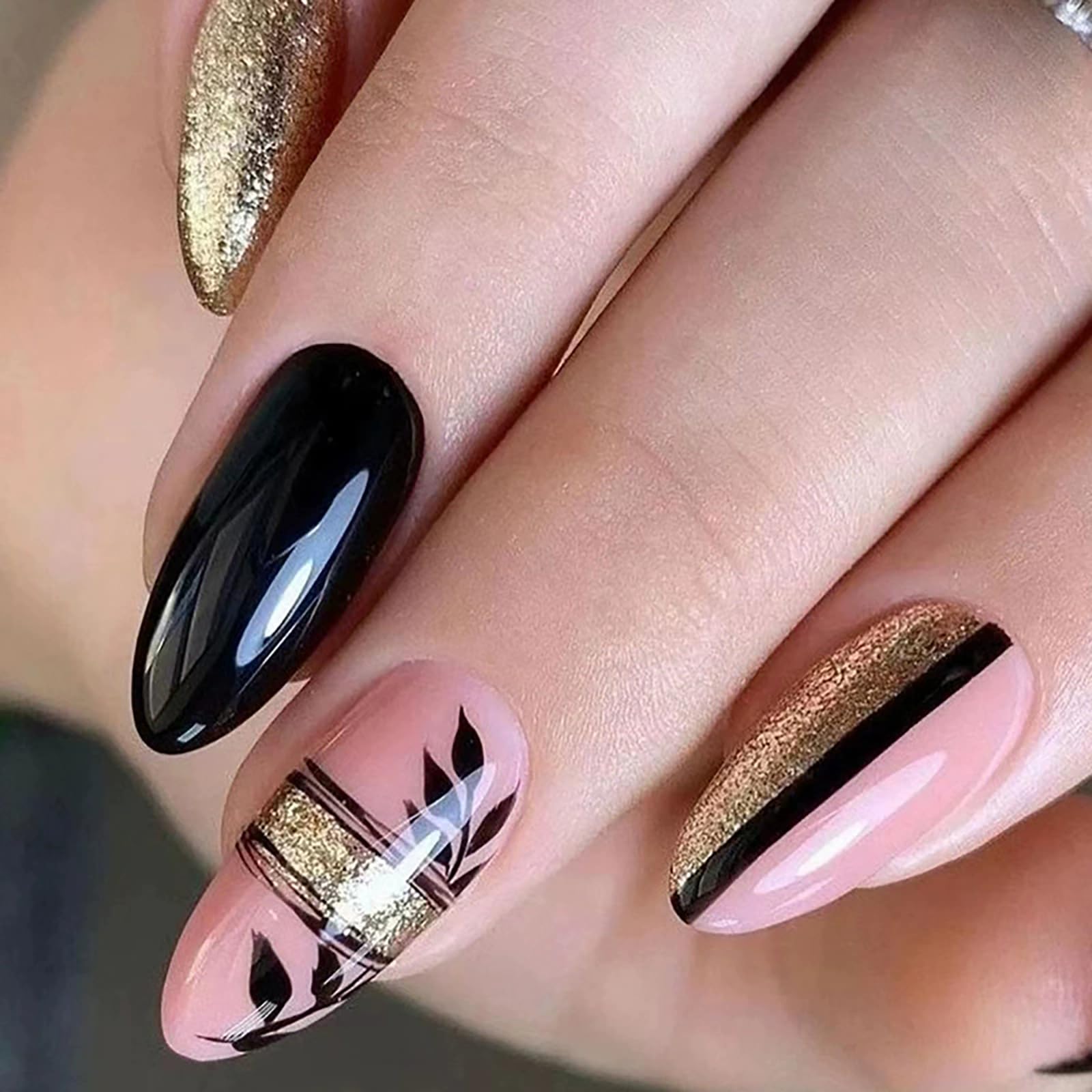 24pcs Black Press Nails Leaf Almond Fake Nails Bling Gold Design Fake Set Women 
