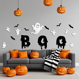 25Pcs Halloween Ghost Bat Wall Decor 3D Cute Ghost Stickers for Halloween Home Decorations White Ghosts Wall Decals Boo Letter Bats Window Stickers Decor for lndoor Outdoor Window Home Door