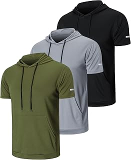 frueo 3 Pack Running Shirts Men Dry-Fit Performance Athletic Hoodies Comfort Workout Shirts with Hoods Moisture Wicking Active Athletic Shirts Short Sleeve Tops with Pocket
