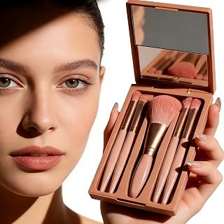 Mini Travel Makeup Brushes Set of 5, Portable Makeup Brush Kit with Mirror Case & See Through Lid for Women on the Go, Dusty Pink