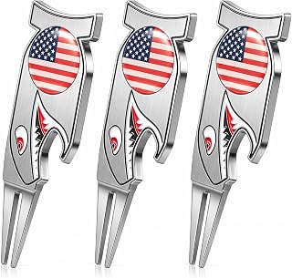 Poen 3 Pack Golf Divot Tool Set, 4 in 1 Shark Design Pitch Mark Repair Forks with American Flag Ball Markers, Magnetic Bottle Opener Golf Accessories Gifts for Men