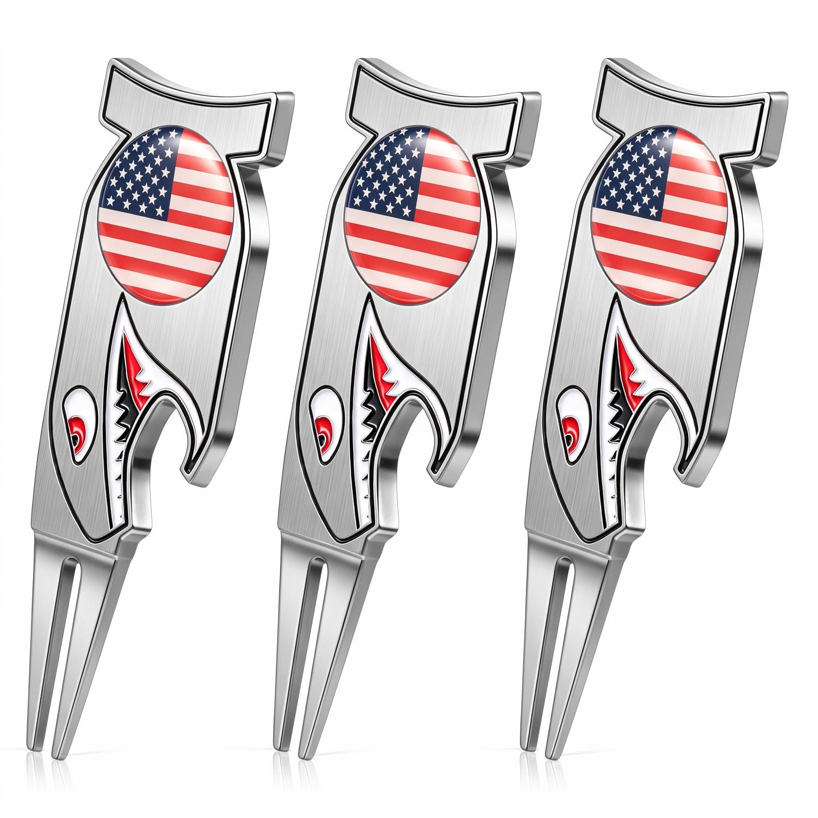 Poen 3 Pack Golf Divot Tool Set, 4 in 1 Shark Design Pitch Mark Repair Forks wit