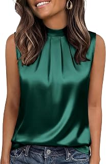 Funlingo Women's Silk Satin Tank Tops Mock Neck Camisole Dressy Sleeveless Blouse Business Casual Pleated Summer Shirts 2026