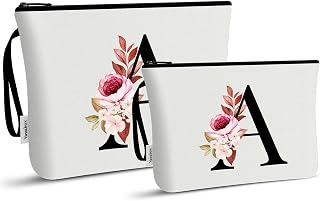 Vavabox 2Pcs Initial Toiletry Bags Set Birthday Gifts for Women (A, White) | Travel Portable Toiletry Bag with Handle, Personalised Makeup Bags