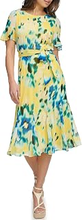 DKNY Women's Flutter Sleeve Round Neck Waist Tie Midi Dress