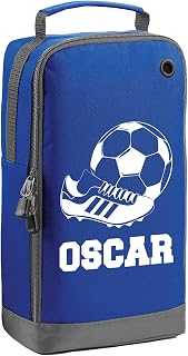 Personalised Football Boot Bag - Boot and Ball - Blue | 8 litre capacity; 35 x 19 x 12 cm; full length zip; grab handle and rear mesh pocket