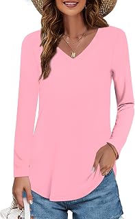 Elesomo Womens T Shirts V Neck Summer Short/Long Sleeve Cotton Tops