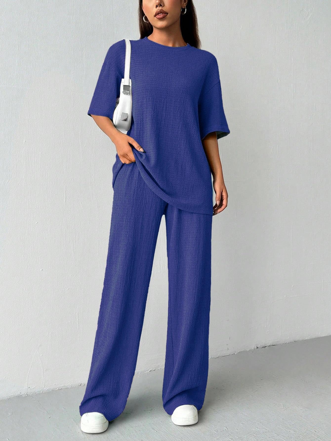 Set da salotto da donna, 2 pezzi, top a maniche corte con scollo rotondo rilassa
