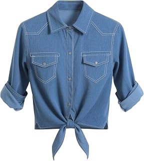 Women's Denim Shirt Roll Up 3/4 Sleeve Tie Front Knot Chambray Crop Top