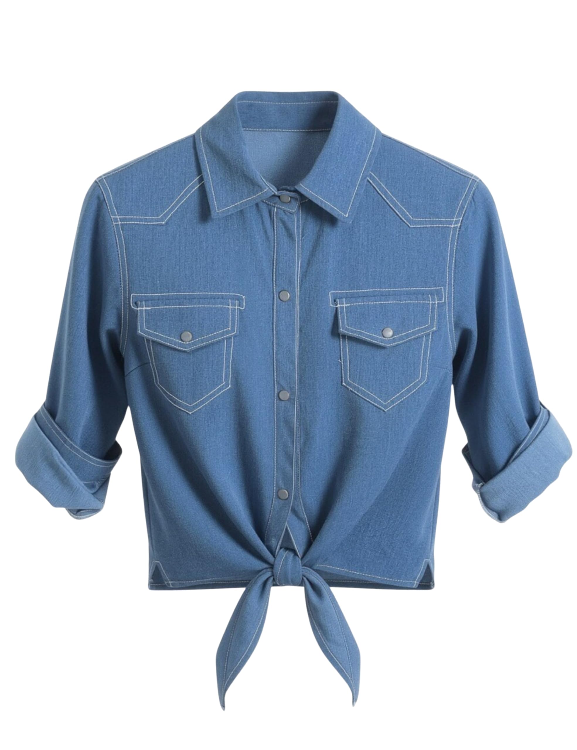 Women's Denim Shirt Roll Up 3/4 Sleeve Tie Front Knot Chambray Crop Top