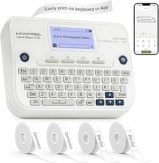 SUPVAN E12 Keyboard & Bluetooth Label Maker Machine with 4 Tapes | Rechargeable, Backlit Display, App with 30+ Fonts & 660+ Icons, Minimal Margin, Inkless, for Office, Home, School