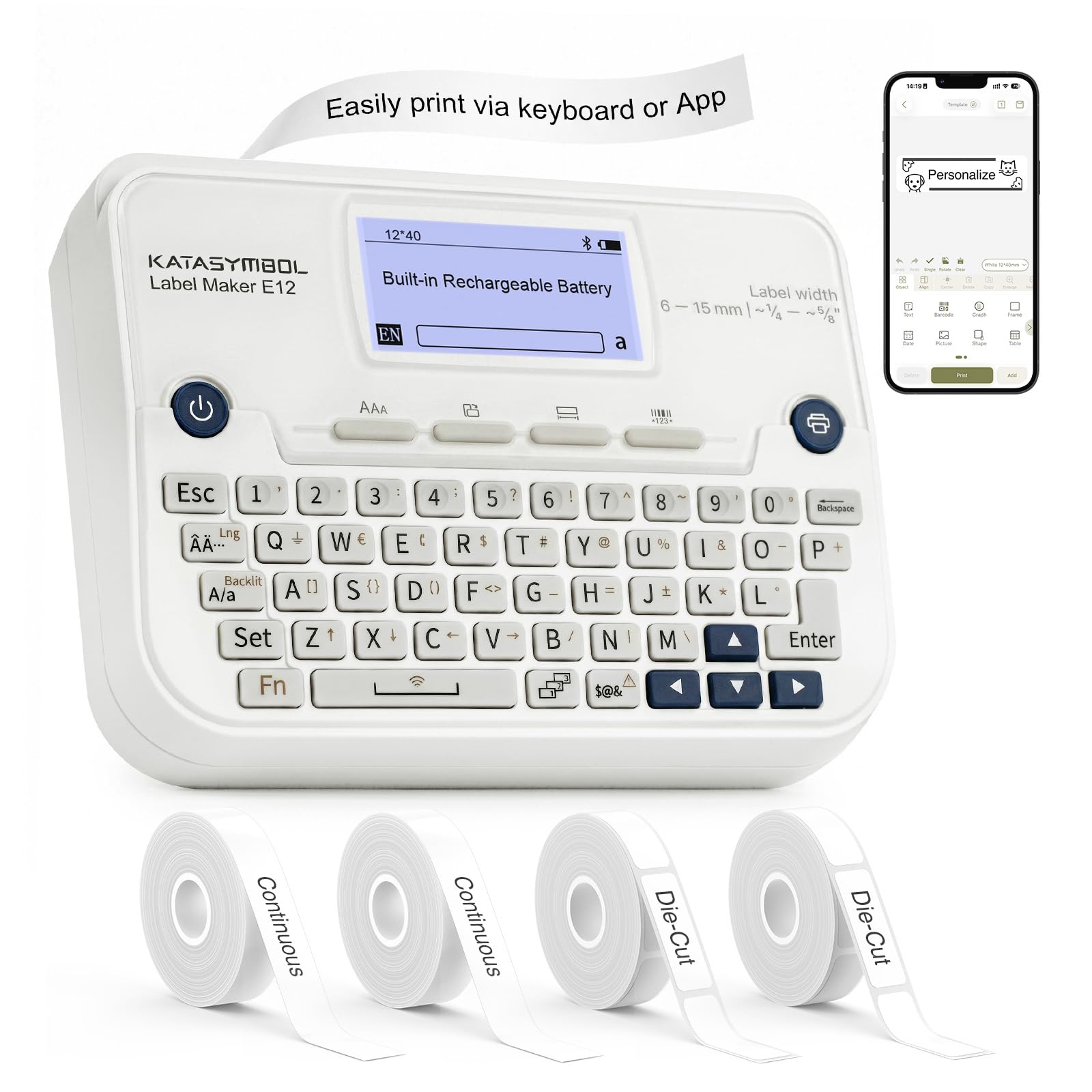 SUPVAN E12 Keyboard & Bluetooth Label Maker Machine with 4 Tapes | Rechargeable,