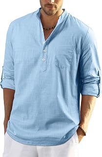 Enlision Men's Linen Solid Henley Shirts Casual Long Sleeve Summer Mao Classic Beach Shirt