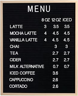 Large Black Felt Letter Board, 24 x 30 Inch Menu Board with 966 Characters | Wall-mounted wood-frame price list sign with 780 1-inch and 186 2-inch white characters for small businesses.